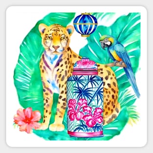 Preppy cheetah, macaw parrot and chinoiserie jar watercolor Sticker